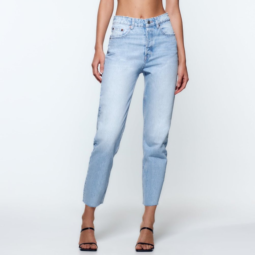 Zara High Rise Straight Leg Jeans - Light Blue